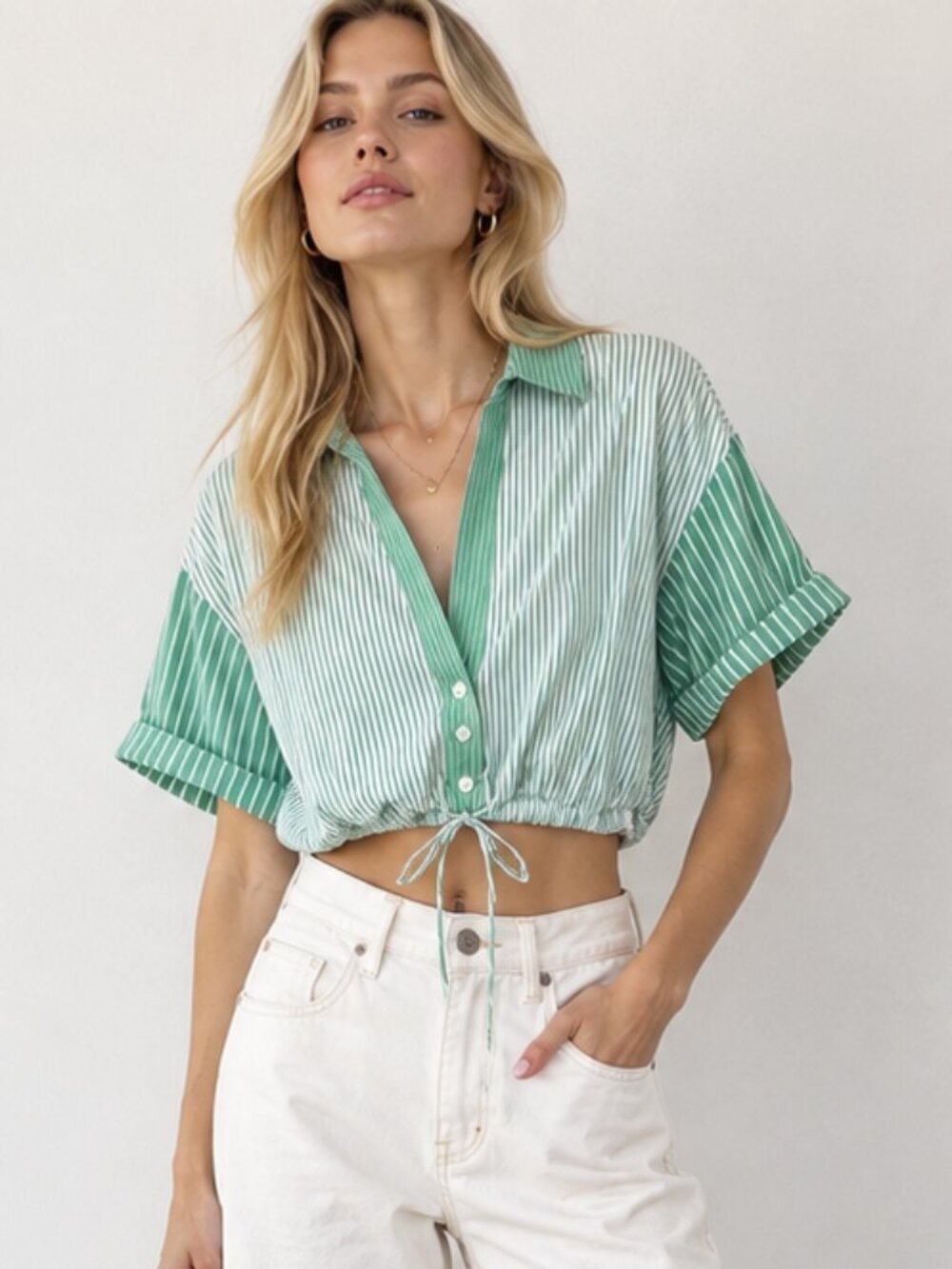 Zara Green White Striped Cropped Button Down Shirt Drawstring Hem V-neck Top S